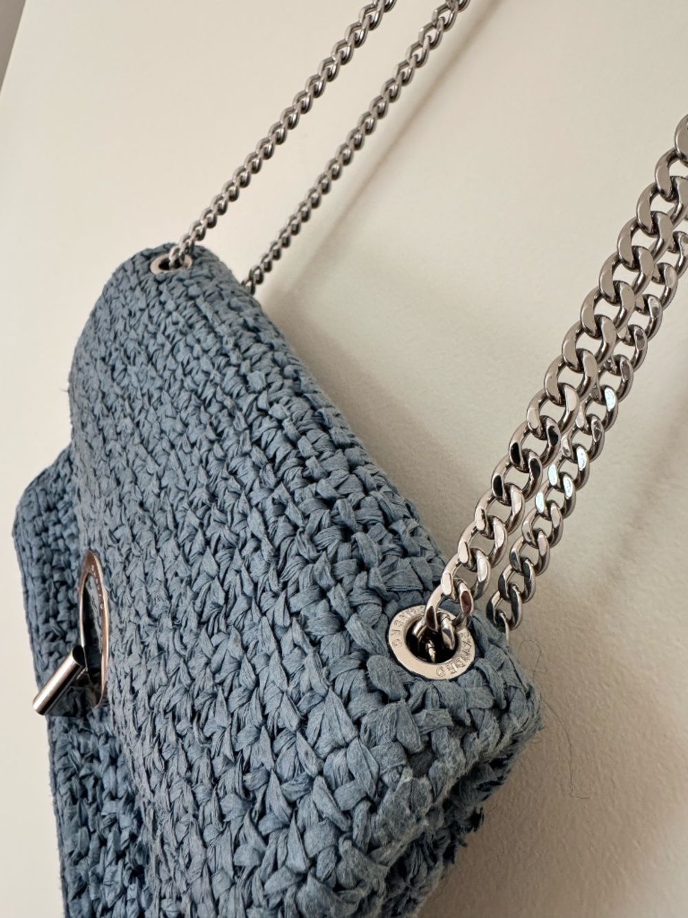 Sandro Raffia YZA Blue Woven Shoulder Bag with Chain Strap - Picture 7 of 14